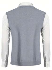 男士V领针织背心，纯色，经典款式，修身版型，百搭长袖上衣 - 淺灰色 - 查看 10