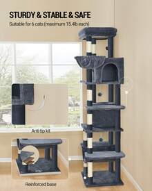HEXCELEN 82.7-Inch Cat Tree, Large Cat Tower For Indoor Cats, Condo With Perch, Cat House Furniture With 2 Caves, 8 Scratching Posts, Hammock, Pompoms, Washable Cushion, Dark Gray - Màu xám đen - Xem 2