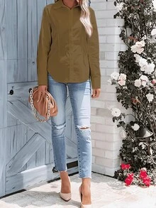 Women's Polyester Long Sleeve Collared Button-Up Shirt, Slightly Stretchy - Khaki - View 3