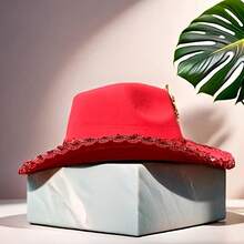 Western Style Cowgirl Cap Stylish Sequin Lobster Decorated Wide Brimmed Hat For Men Women Outdoor Wear Suitable For Home Indoor Holiday Decoration, School Party Activities, And Must Choose Christmas And New Year Gifts - 紅色 - 查看 6