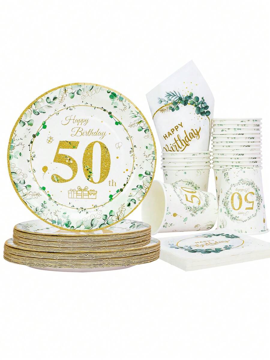 10pcs/20pcs/50pcs/80pcs 50th Birthday Decorations White And Sage Green Leaves Birthday Party Supplies Include Plates Napkins And Cups Sweet Fifty Year Old Birthday Party Tableware For Ladies Women - Multicolor - View 1