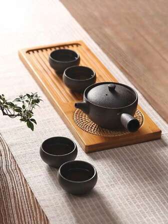 Natural Bamboo Tray Set With Rattan Pads - Tea Set Tray & Pastry Serving Platter, Perfect For Home & Cafe Use, Home Decor & Dining Essential, Versatile Bamboo Tray Table