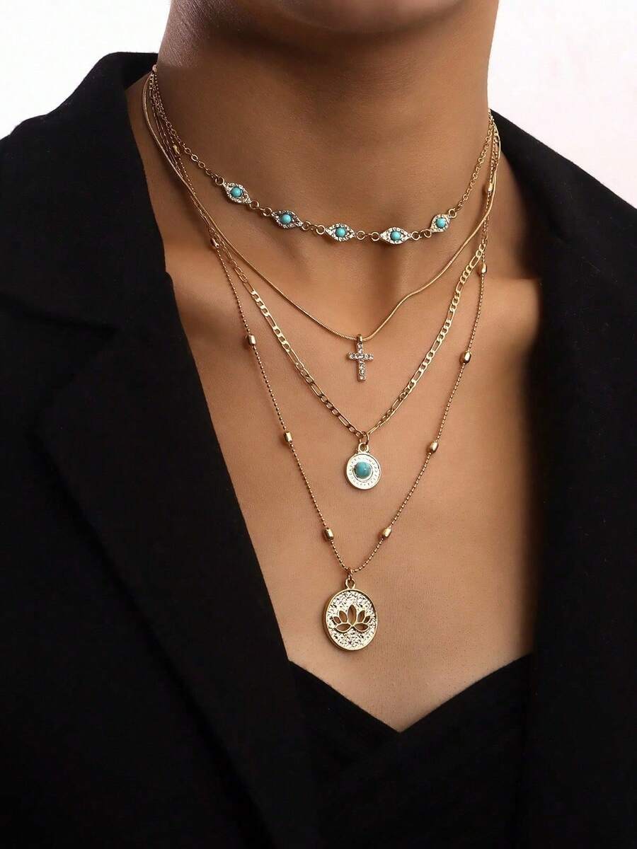 Boho Layered Hollow Lotus Flower Pendant Necklaces For Women, Stacked Gold Faux Turquoise, Glass Crystal Cross, Classic Eye Charm Choker, Adjustable Jewelry Accessories For Daily Wear Holiday, Valentine's Day Anniversary Birthday Thanksgiving Gift - 金色 - 查看 1