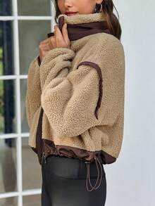 Women's Color Block Teddy Jacket Cropped Zip Up Fuzzy Sherpa Stand Collar - Màu Khaki - Xem 1