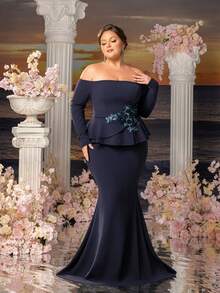 Faeriesty Große Größen Abendkleid für Damen, Off-Shoulder, mit floralen Applikationen, Rüschen an der Taille und Meerjungfrauensilhouette, geeignet für formelle Abendessen, Hochzeitsempfänge, Galaabende, Preisverleihungen und festliche Anlässe, Valentinstag - marineblau - Übersicht 6