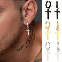 1 Pair Vintage Stainless Steel Cross Pendant Hoop Earrings, Suitable For Daily Wear - Earring - View 7