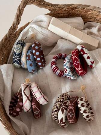 Pack Of 4 Autumn And Winter New Printed Plaid Color-Block Hair Ties, High Elasticity, Thickened, Suitable For High Ponytail, Perfect For Commuting Use. ,Ponytail Holders ,Hair Elastics ,Hair Rubber Bands ,Scrunchies ,Hair Rope Hair Accessories