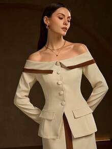 Women's Fall/Winter Elegant Fashion Lapel/One-Shoulder Color-Blocking Coat With Fitted H-Shaped Color-Blocking Midi Skirt Suit - Apricot - View 1