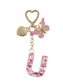 1pc Shiny Pink Rhinestone 26 Alphabet Letter Keychain, With Heart Tag Butterfly Metal Heart Charm Pendant, Creative Fashion Women Backpack Decor, Party Gathering Stylish Gift, Anniversary, Valentine's Day, Christmas Gift For Friends, Family, Teachers Bag Charms Car Accessories Sister Gift Ideas