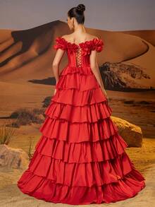 Off Shoulder Prom Gown With Multi-Layer Puffy Hem Long Elaborate Puffy Shoulder Evening Gowns For Women Lace Up Back High Split Ball Gown Homecoming Dresses For Teen