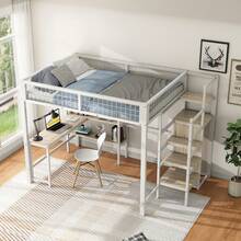 Loft Bed, 140 X 200 Cm, Iron Bed, Storage Ladder, Several Shelves, Without Mattress, Built-In Wardrobe, Desk, White - White - View 6