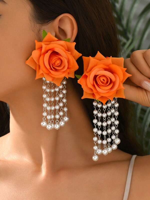 1 Paar elegante Rosen Stoff Blumen Ohrringe, charmanter Laufsteg Stil Accessoire, Quaste Kunstperle Hochwertige Gestaltung, Französisches Festival Party Geschenk, Valentinstag, geeignet für Dates, Partys, Galas, Bälle, Urlaub, Abendgarderobe, Freizeitkleidung, Geschenk für sie