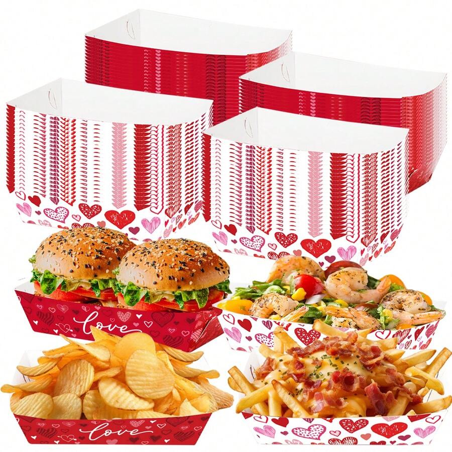 20 Pcs Valentine's Day Paper Food Trays Heart Paper Food Boats Red Pink Food Holder Disposable Serving Trays For Wedding Anniversary Party Supplies - 彩色 - 查看 1