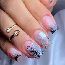 Press On Medium Nails Line False Nails Full Cover Acrylic Butterfly Fake Gradient Square Nails For Women And FFgirls 24PCS{Inchcolor_nameinch:InchColor8inch} - Color8 - View 2