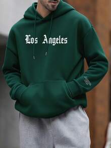 Krometka Men's Los Angeles Letter Brown Kangaroo Pocket Hoodie, New Autumn/Winter - Green - View 2