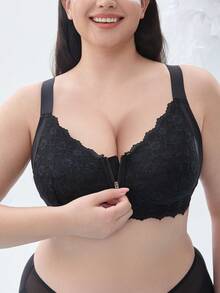 Women's Plus Size Lace Bra - Sexy Push-Up Anti-Sagging, Warm Skin-Friendly Fabric, Comfortable For Autumn & Winter Wear - Black - View 10