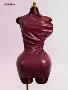 Women's Burgundy Faux Leather Bodycon Mini Dress, Sexy Fitted Party Dress For Music Festival, Wedding, Nightclub - Burgundy - View 9