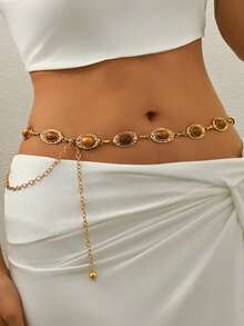 1 chiếc Dây chuyền thắt lưng hình tròn kim loại họa tiết hoa giả màu ngọc lam cổ điển thời trang cá nhân hóa, thiết kế thủ công, thắt lưng có họa tiết bất đối xứng, dây chuyền váy, dây chuyền quần phù hợp cho trang phục hàng ngày và dự tiệc của phụ nữ (Dây chuyền thủ công có thể có một số lỗi nhỏ) - Màu nâu - Xem 7