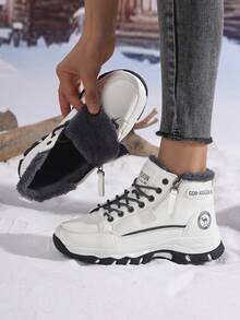 Botas de neve brancas femininas para o inverno, com sola de borracha antiderrapante, forro térmico, ideais para clima frio e neve, com zíper lateral, cano alto e estilo casual, perfeitas para o Halloween e o Natal.