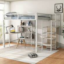 Loft Bed, 140 X 200 Cm, Iron Bed, Storage Ladder, Several Shelves, Without Mattress, Built-In Wardrobe, Desk, White - White - View 5