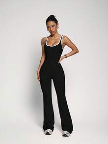 Midriff Cutout Design, Flare Leg Silhouette To Elongate Legs, #Sexy Activewear #Confident & Playful #Camera-Ready, Backless Jumpsuit, Cinched Waist Flare Leggings, Butt-Lifting Activewear, Waist-Cinched Booty-Lifting Yoga Set - Black - View 9