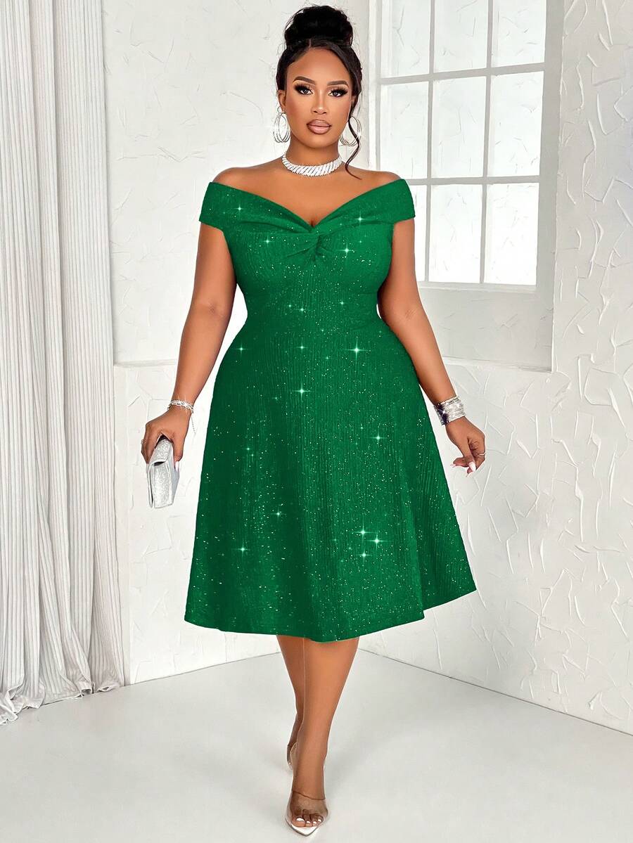 BIUBIU Women's Plus Size Sexy Solid Twisted Off Shoulder Backless Glitter Detail A-Line Dress For Party Cocktail Christmas Valentines Day