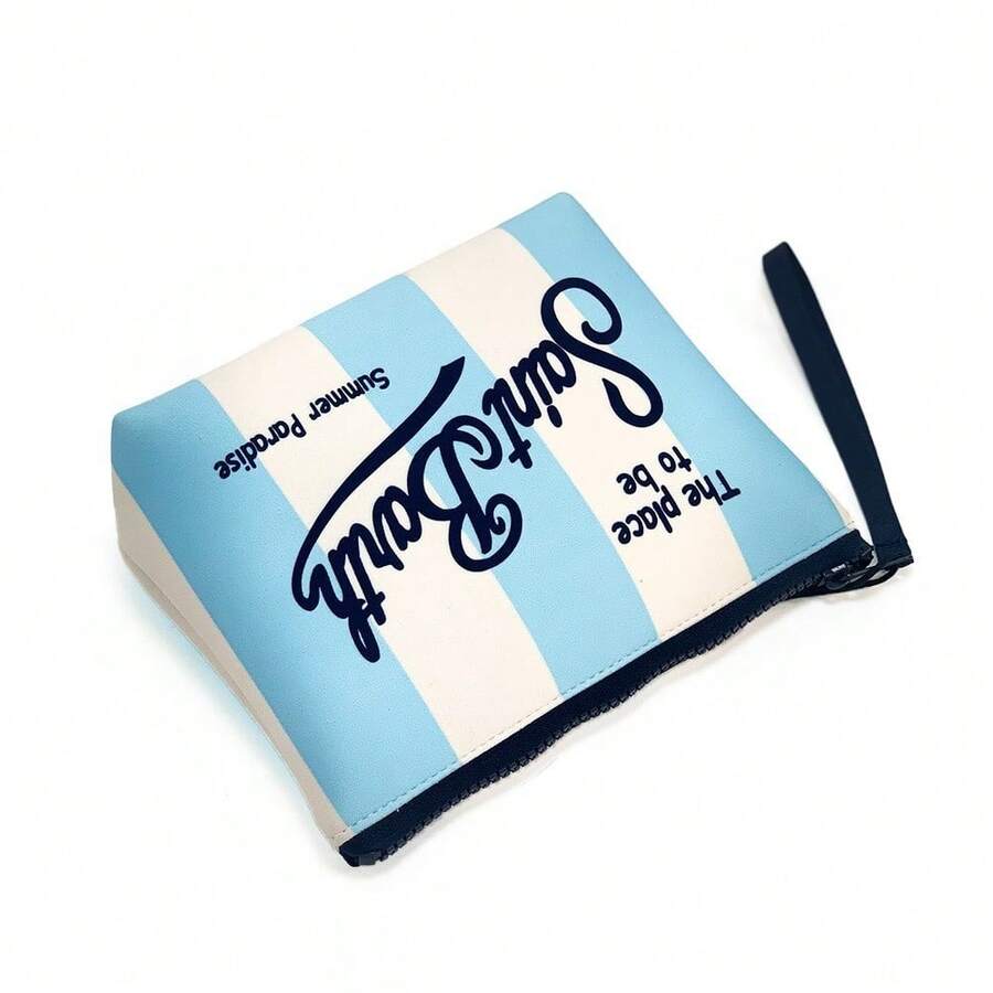 Integrated Travel Makeup Bag, S-Saint B-Barth Material, Portable Striped Makeup Bag, Makeup Case, Handbag, Makeup Pouch, Waterproof Travel Bag, Zipper Travel Organizer, Lightweight Makeup Case, Unisex Travel Gift - 藍色 - 查看 1