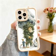 Cubierta de teléfono con borde negro diseño de oso y niño en invierno escena nevada para iPhone 14 Pro Max uso diario y regalo - Blanco - Ver 2