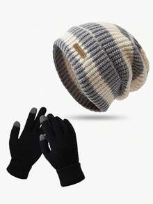 2 Stücke/Set unisex gestreifte Strick Beanie Mütze und Touchscreen Handschuhe, warm und leicht für Herbst/Winter Bekleidung Herren Damen - 2-teiliges Set - Übersicht 17