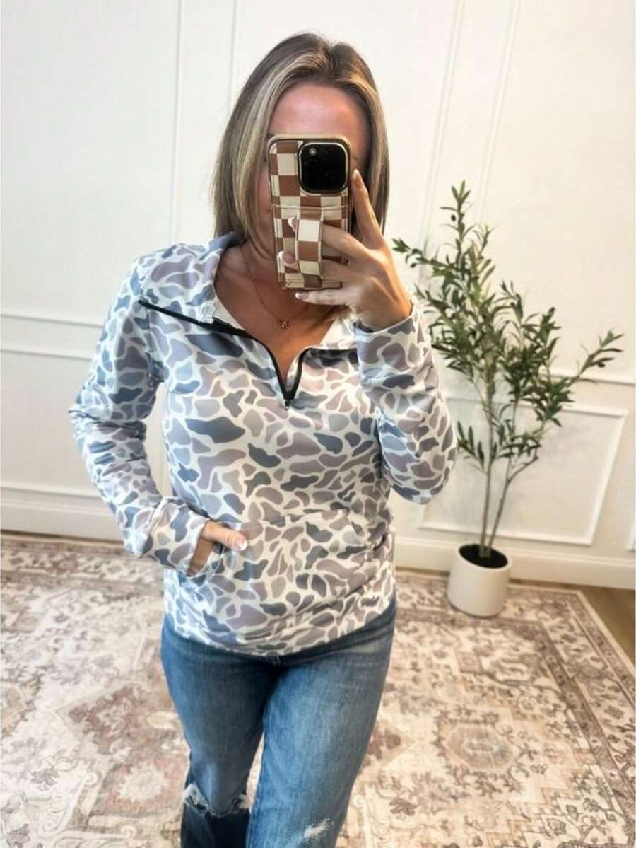 Camo Pullover For Men And Women - Half-Zip Long-Sleeved Hooded Sweater With Camouflage Pattern, Loose-Fitting Casual Outerwear - trắng - Xem 1