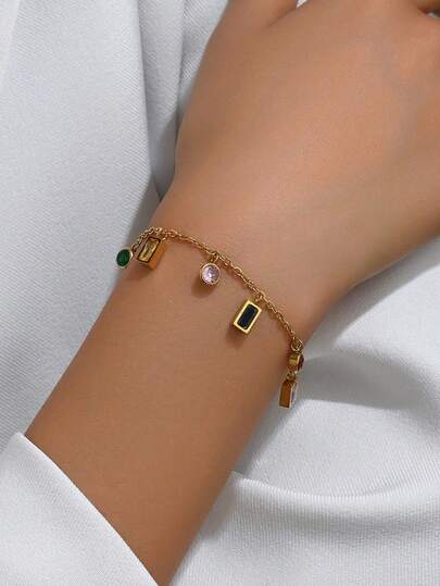 سوار أنيق بلون ذهبي مع تعليقات ساحرة لامعة، تصميم سلسلة رقيق يناسب المعصم للمظهر اليومي الأنيق قطعة واحدة