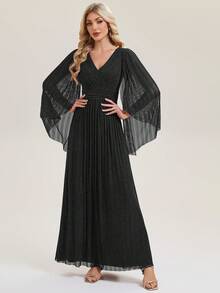 EVERPRETTY Elegante vestido de noche maxi con cuello en V negro, plisado y mangas de murciélago fluidas, adecuado para fiestas formales y galas - Negro - Ver 4