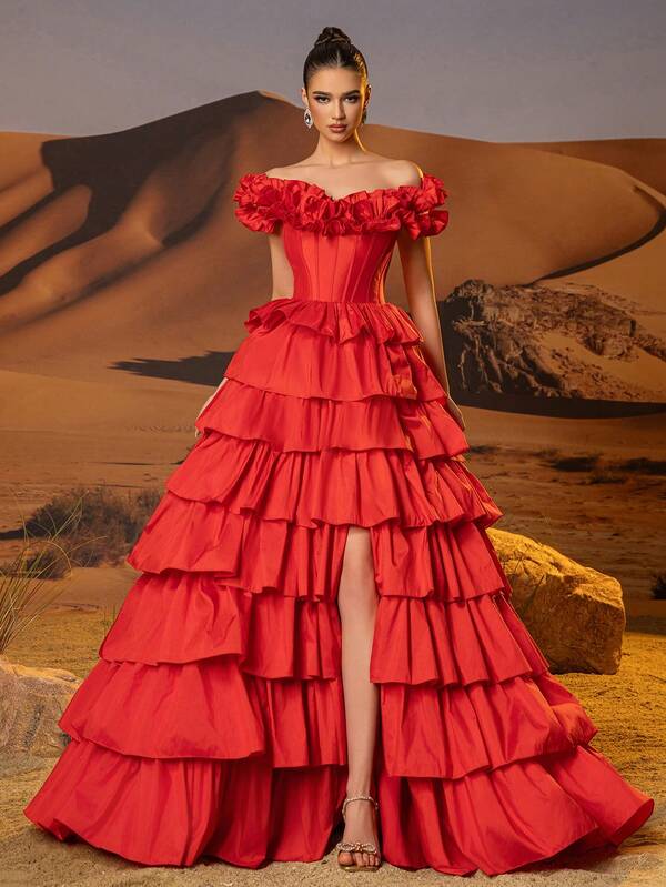 Off Shoulder Prom Gown With Multi-Layer Puffy Hem Long Elaborate Puffy Shoulder Evening Gowns For Women Lace Up Back High Split Ball Gown Homecoming Dresses For Teen