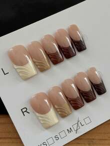 10pcs Square French Nail Long Style Nude Base Brown French Autumn And Winter Versatile Style Minimalist Nail Art Hot Girl Y2k Handmade Wearable Nail Suitable For Girls' Daily Wear And Use, Pressing Nail Fake Nail Pieces Nails Nail Supplies - Brown - View 1