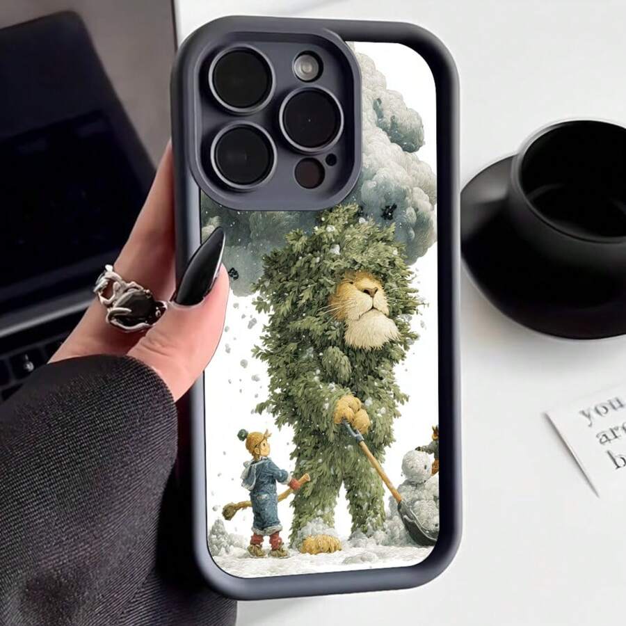 Cubierta de teléfono con borde negro diseño de oso y niño en invierno escena nevada para iPhone 14 Pro Max uso diario y regalo - Blanco - Ver 1