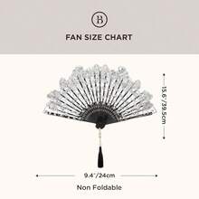 NEW-Lace Hand Fan Non-Foldable Vintage Bridal Handheld Fans With Rhinestone And Embroidered For Wedding Decoration Dancing Party (Gold) - 黑色 - 查看 7
