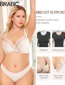 Brabic Minimizer Bras For Women Plus Size, Full Coverage Minimizing Unlined Underwire Bra, Large Cup Lace Bra For Lifting Support - trắng - Xem 4