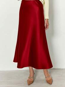 Women's Satin Silk High Waist Flare A-Line Midi Skirt Solid Color Spring Summer Fall Autumn Skirt Cocktail Valentine Day Wedding Elegant Valentine Midi Skirt - 深紅色 - 查看 4