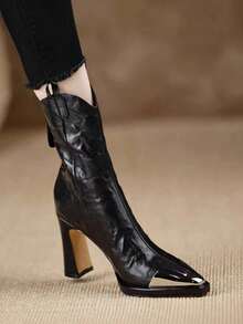 Fall/Winter 9.2cm New Pointed Toe Comfortable Ankle Boots, Chunky Heel, Metal Toe, Caramel Color - Black - View 6