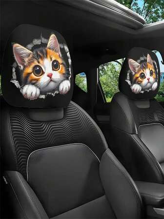 1/2pcs Cute Spotted Cat Pattern Car Headrest Covers, Elastic Design Easy To Install - Suitable For All Car Models, Ideal Gift For Long Driving To Relieve Neck Fatigue, Perfect New Year Gift, Elastic Headrest Covers, Animal Print Decor, Spotted Design