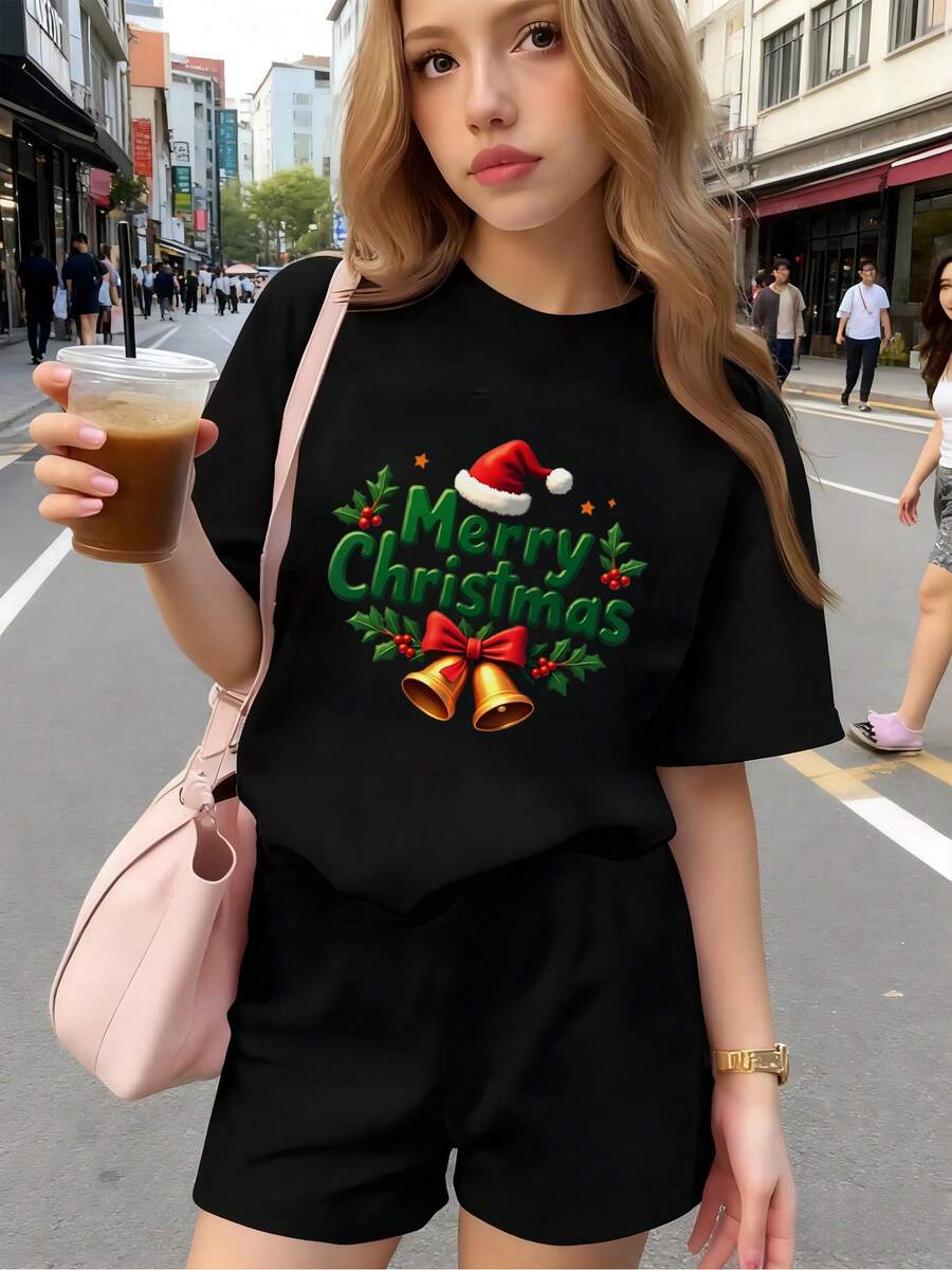 Ropa para niño,Camiseta navideña de niña con estampado "Merry Christmas" transpirable, suave y cómoda, fabricada en puro algodón, ideal como regalo navideño y para la Fiesta de Nuestra Señora de Guadalupe, perfecta para niñas, adolescentes y niños, también disponible en camisas de hombre y conjuntos para adolescentes, tops para adolescentes y blusas para adolescentes, ropa de niña y camisetas de niña trendy - Negro 4 - Ver 1