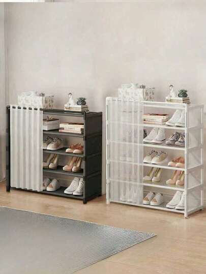 1 pièce Étagère à chaussures pliable en plastique à 4 ou 5 niveaux avec rideau anti-poussière, étagère à chaussures renforcée et épaissie, étagère à plusieurs niveaux économisant l'espace et anti-poussière, simple. Retirez un niveau pour ranger des bottes hautes. Étagère à chaussures en tube d'acier anti-poussière, facile à monter. Convient pour l'entrée, le couloir, la chambre, le dortoir