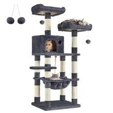 Arbre à Chat Hauteur 143 cm, Tour de Jeux pour Chat, avec 11 Poteaux à Griffer, 2 Plateformes, 1 Niche, 1 Hamac, 2 Pompons, en Tissu Peluche, Plusieurs Niveaux, Gris foncé - Gris foncé - Voir 8