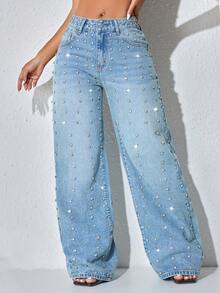 定制串珠低腰阔腿休闲蓝色做旧侧袋弧形裤脚女式牛仔裤，秋季款 - 藍色 - 查看 4