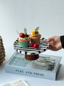 1pc Classic Retro Ceramic Striped Tray, Nordic Minimalist INS Style Classic Striped Pedestal Serving Plate, Suitable For Photography Shooting, Afternoon Tea Snacks & Desserts, Party Gatherings, Bedroom Jewelry Storage Tray - 彩色 - 查看 3