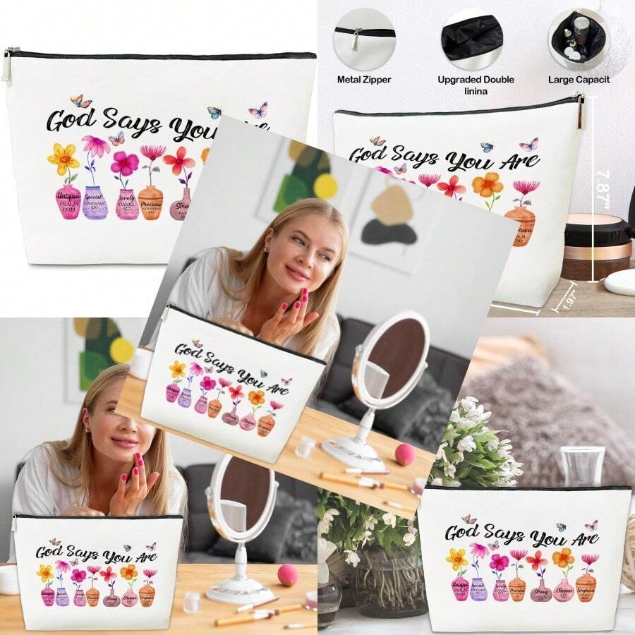 JioJio Chan God Says You Are Makeup Bags Inspirational Bible Verse Pouch Christian Encouragement Gifts Flower Butterfly Wash Pouch For Her Birthday Gifts For Women PU Leather Cosmetic Bags - Màu tím - Xem 1