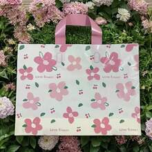 50个/包 花卉图案可重复使用塑料购物袋，加厚手提袋，棕色、粉色和紫色花卉印花，可爱手提包，适用于零售展示、杂货店、日常使用（无拉链），甜美风格散装包装，礼品包装袋，情人节，婚礼回礼 - 彩色 - 查看 2