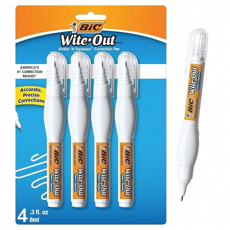 BIC Wite-Out Brand Shake 'n Squeeze Correction Pen, 8 ML Correction Fluid, 4-Count Pack Of White Correction Pens, Fast, Clean And Easy To Use Pen Office Or Schoolsss Supplies{Inchstyleinch:InchCorrectionPeninch} - Bút sửa lỗi - Xem 1