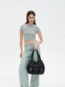 Spacious Women's Vintage Faux Leather Tote Bag - Chic Y2K-Inspired Multi-Pocket Crossbody With Detachable Strap, Zip Closure, Solid Color, Fashionable Shoulder Purse For Everyday Use, Bohemia Style Bag For Women, 2000s Fashion Style Bag For Women, Street & Japanese Bag For Women, New Arrival Tote Bags For Woman