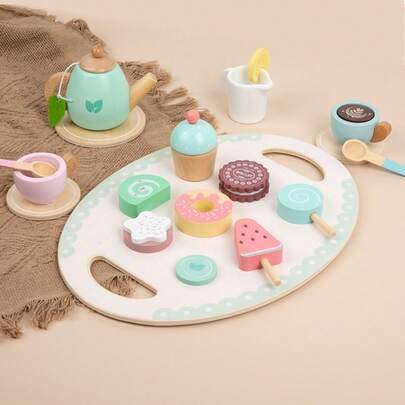 Wooden Tea Set For Kids, Play Kitchen Accessories For Toddlers Princess Tea Party With Play Food, Pretend Play Tea Set Toy For Kids, Improve Imagination And Social Skills